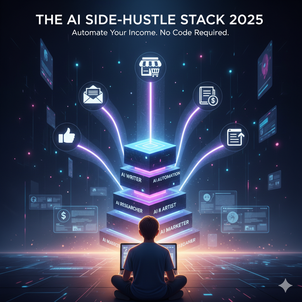 A visual representation of the AI Side-Hustle Stack in 2025, showing automated income streams.
